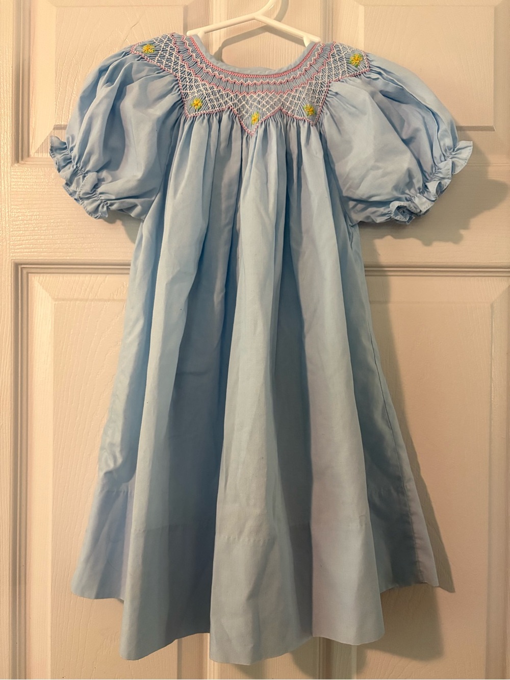 Rosalina Collection Light Blue Smocked Puff Sleeve Dress with Floral Detail